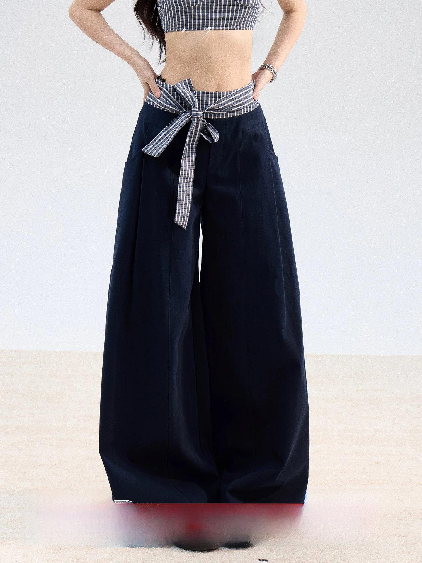 

Женские повседневные брюки Exue с широкими штанинами, весенние, свободные, струящиеся, стройнящие, с высокой талией, в клетку, с лоскутным узором, прямые брюки