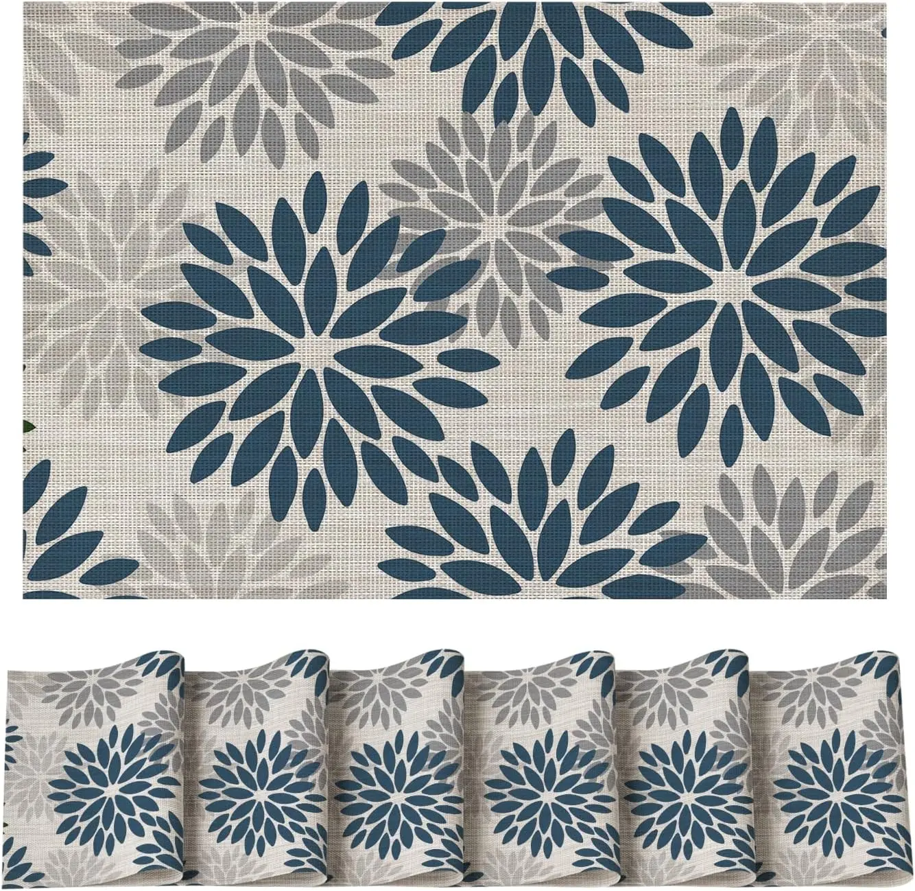 

Floral Vinyl Placemats Set of 6, Heat Resistant Washable Non-Slip PVC Mats for Kitchen Dining Decor, Blue Grey