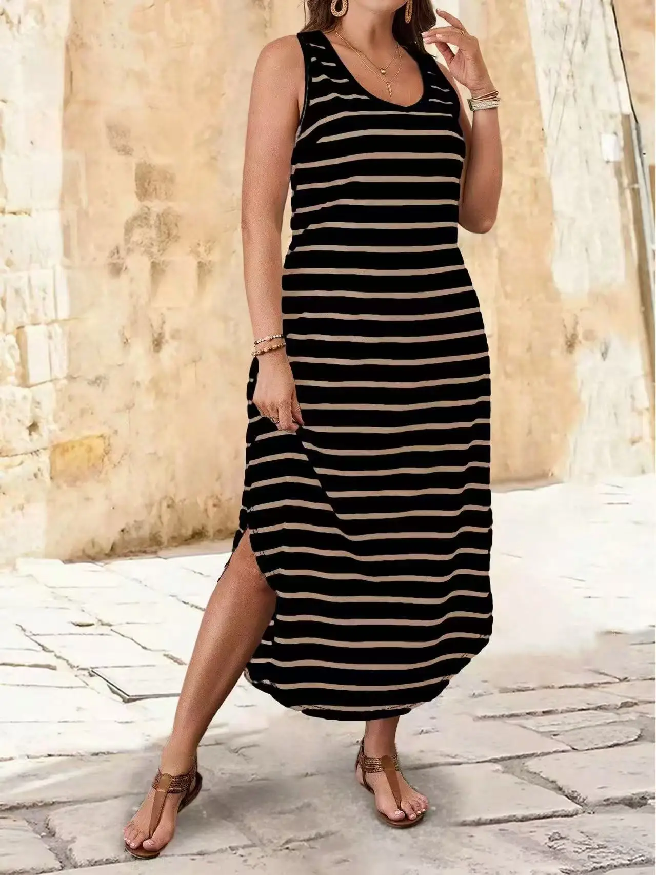 2025 Summer Striped Tank Maxi Dress for Women, U - Neck, Loose - Fit, Plus - Size Women's Best - Selling Item 2