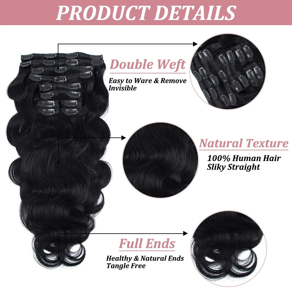 Extensions de cheveux brésiliens Body Wave à clipser pour femmes, 100% cheveux Remy, 160 grammes, 10 pièces