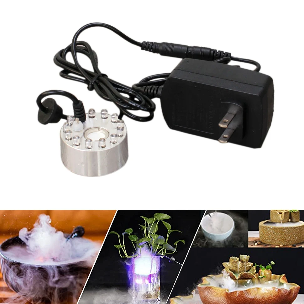 Água interior Fountain Fog Machine, Névoa Maker, Umidificador de ar, Fogger Machine, Pond Mister, Plug EUA, 12 LED