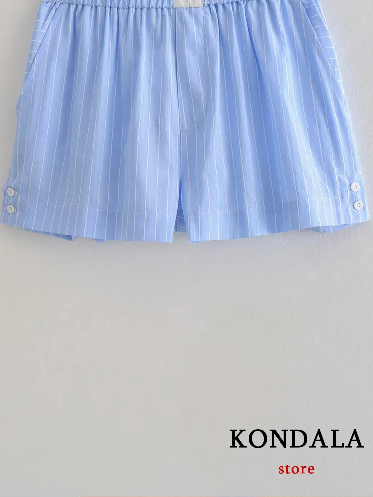 KONDALA Chic Casual Blue Striped PatchworkCommute Women Suit Fashion 2023 Short Sleeve Shirt Wide Leg Shorts Summer Holiday Set