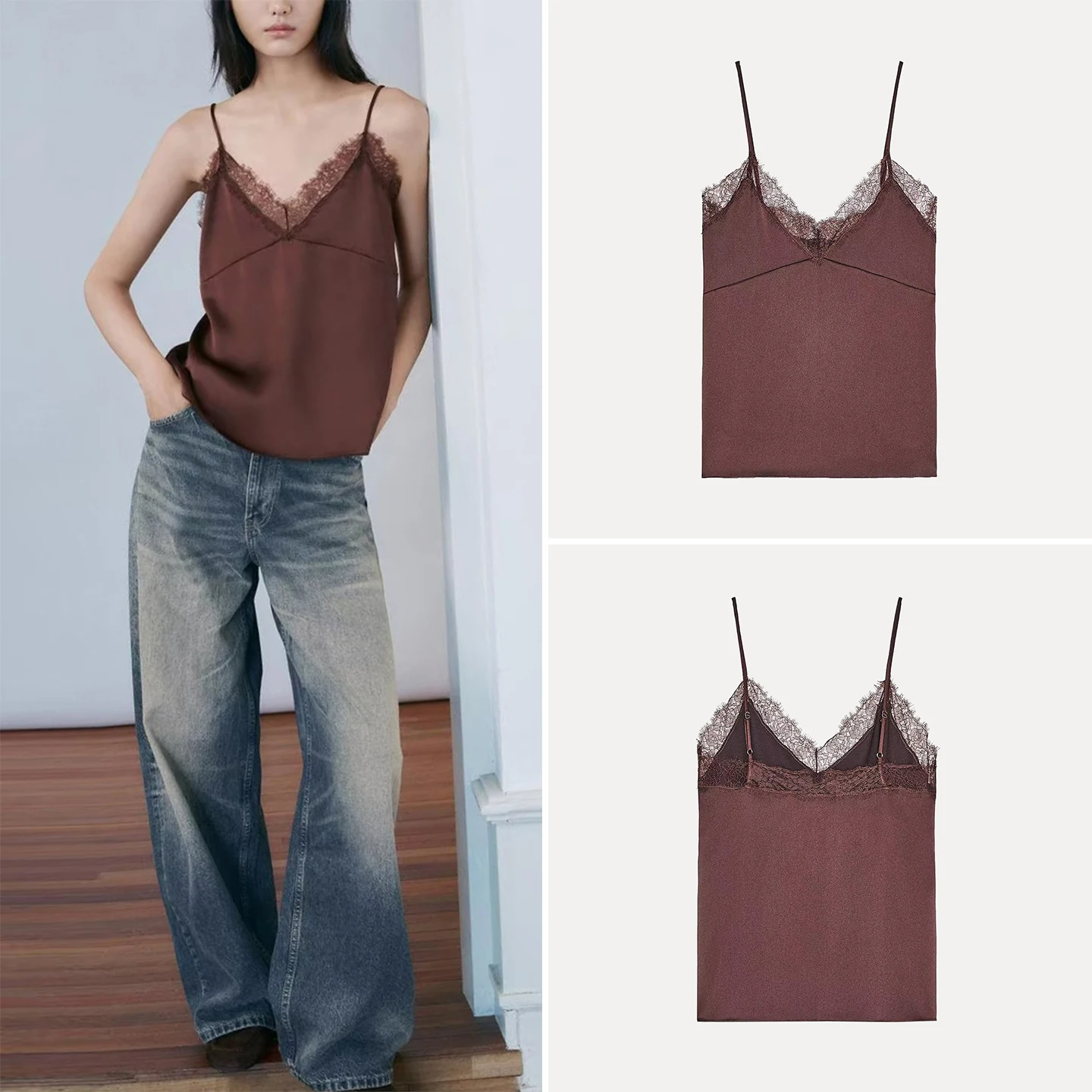 

Z женский модный шелковый атласный топ с кружевной отделкой, новинка 2025, повседневная верхняя одежда для отдыха, жилет обычной длины