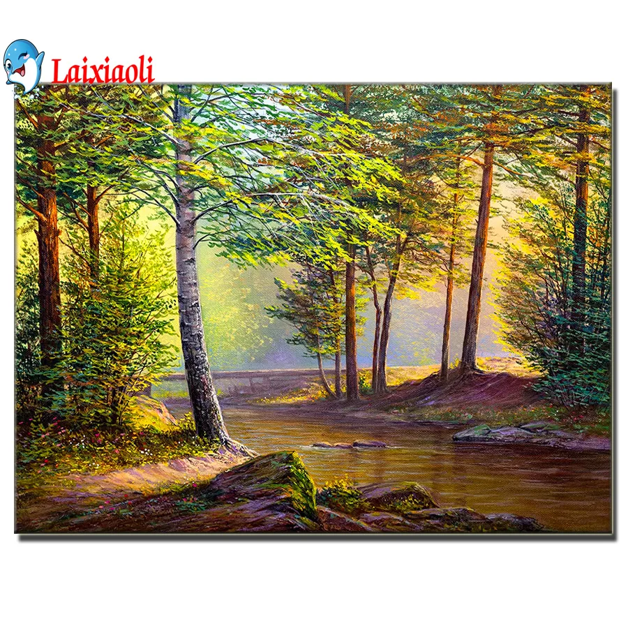 Morning Sunlight Through The Awakening Fir Forest 5D Full Drill Square Round Diamond Painting Picture Of Rhinestones Home Decor