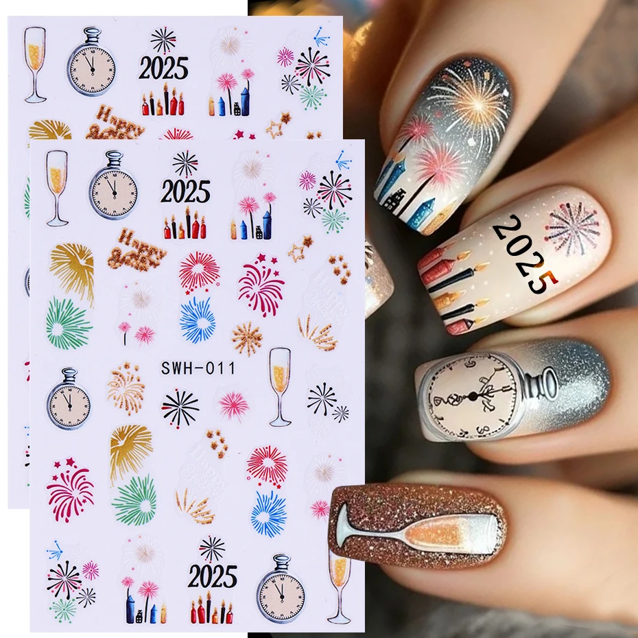 2pcs Fireworks Nail Sticker Winter Christmas New Year Champagne Clock Design DIY Adhesive Slider Decals Manicure Decoration Tips
