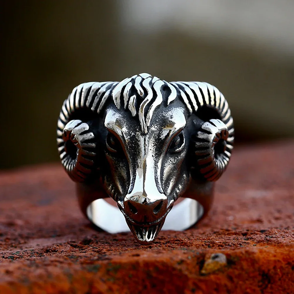 New Hip Hop Animal Goat Ring Stainless Steel Fashion Punk Unique Sheep Head Ring for Men Biker Amulet Jewelry Gifts Dropshipping