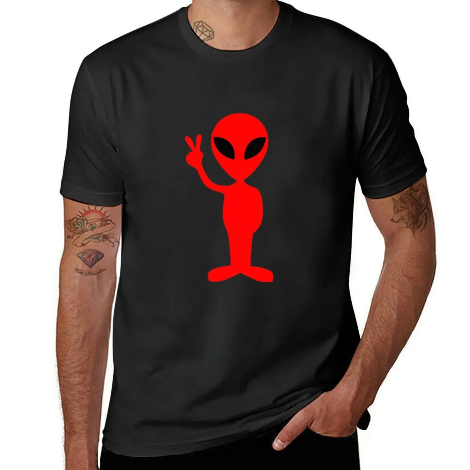 Red alien peace sign T-Shirt customs design your own sweat cute clothes black t-shirts for men