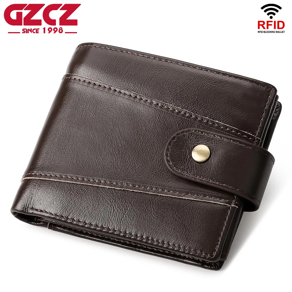 

Hasp Wallet for Men Cowhide RFID Blocking Trifold Credit Card Holder Case Short Male Coin Pocket with ID Window Big Capacity