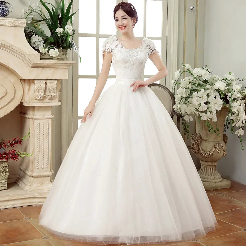 

Elegant Embroidery Wedding Dresses Short Sleeves V-Neck LACE FLOWER Rhinestone Backless lace up Bridal Ball Gown 2024