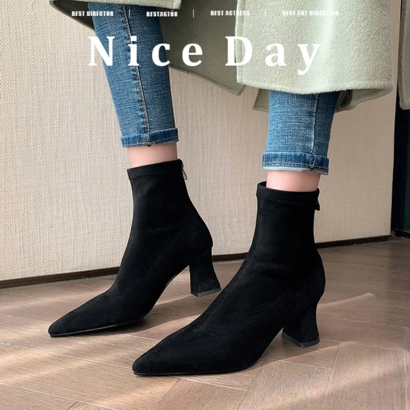 Women Ankle Boots Fashion Pointed Toe Zipper Short Booties Spring Autumn Square Heels Banquet Ladies Shoes