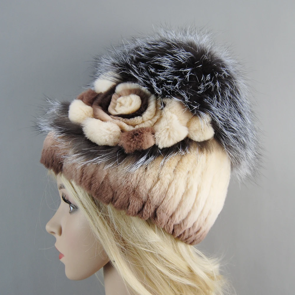 Sombrero de piel de conejo Rex para mujer, gorro cálido de punto, cosido a mano, Floral, elegante, frío, peludo, Natural, invierno, 2024