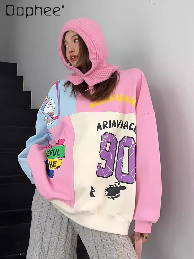 

Contrasting Color Splicing Loose Casual Fleece Crew Neck Oversize Hoodies Women Cartoon Print Crew Neck Drop Sleeve Sweatshirt