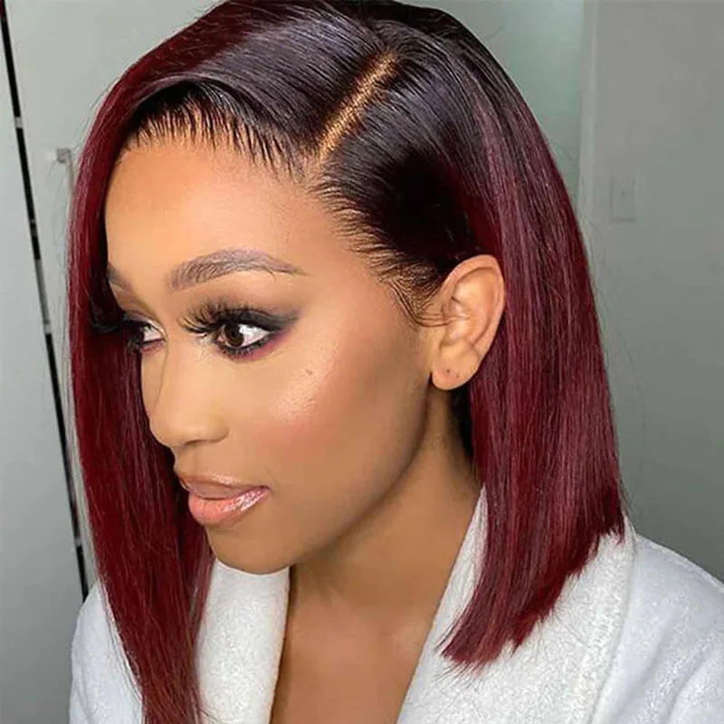 Wine Red Bob Wigs for Women Straight Ombre Red With Dark Roots 1B/99J Bob Wig Bone Straight No bangs Colored Wigs