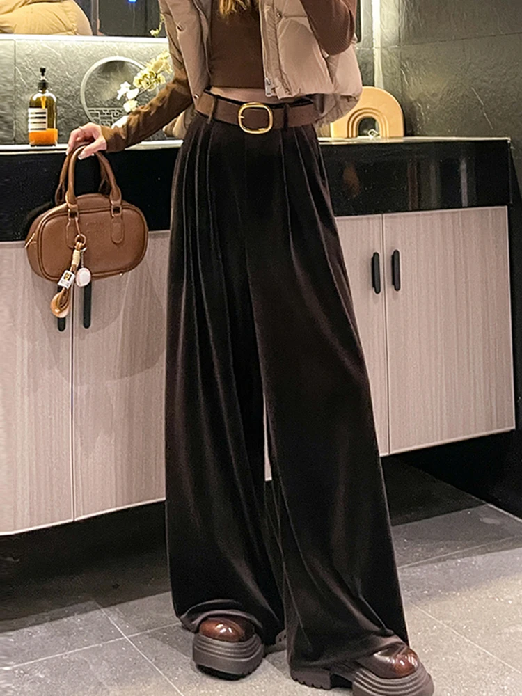 Spodnie damskie z wysokim stanem, szerokimi nogawkami, z złotego aksamitu, luźne, codzienne, jesienno-zimowe, nowe spodnie garniturowe, zwiewne, luźne, długie spodnie.