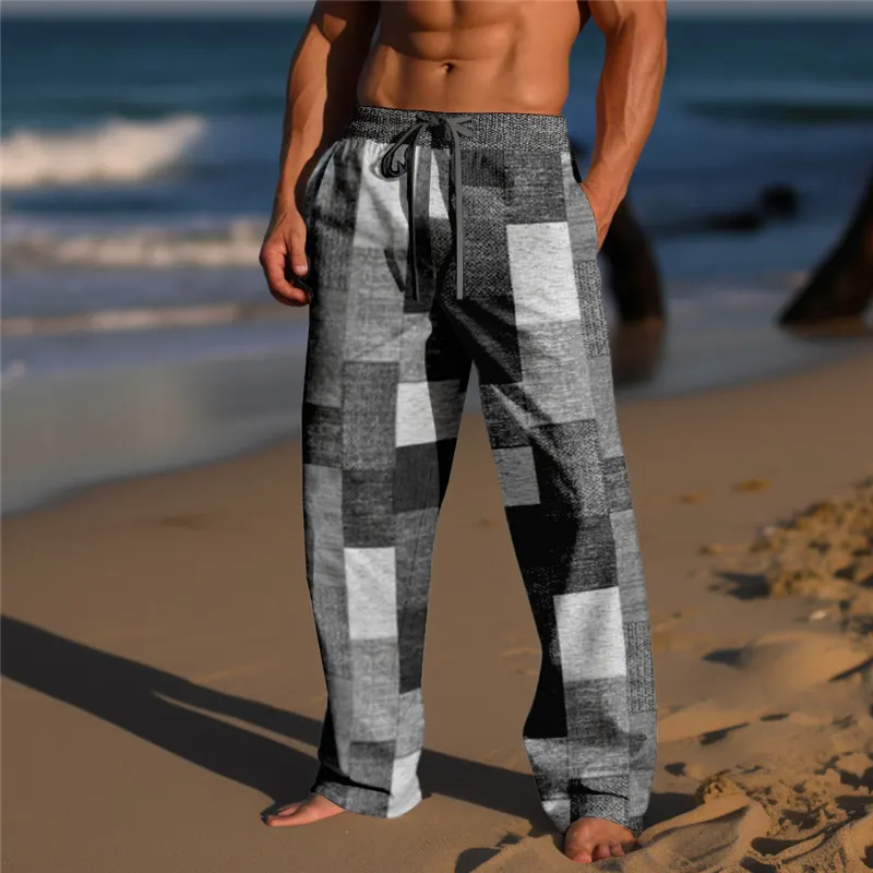 Plaid Color Block Men's Resort 3D Printed Casual Pants Trousers Elastic Waist Fit Straight-Leg Pant Summer Beach Pants