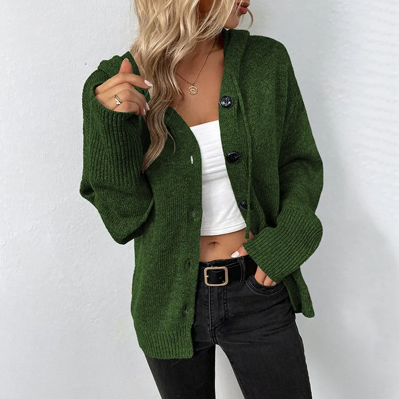Oberbekleidung Solid Color Button Hooded Single Breasted Knitted Cardigan Women's Drawstring Sweatshirt Sweater Cardigan Jacket