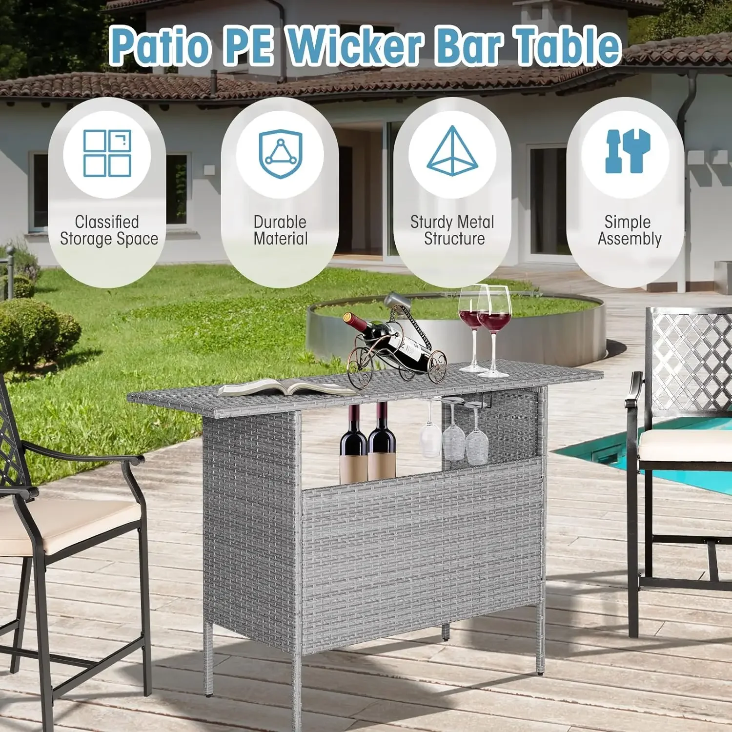 Outdoor Wicker Bar Tabela, All Weather Patio Altura Tabela, 2 Metal Mesh Prateleiras, 2-Rail Aço Stemware Racks, Tabela Rattan