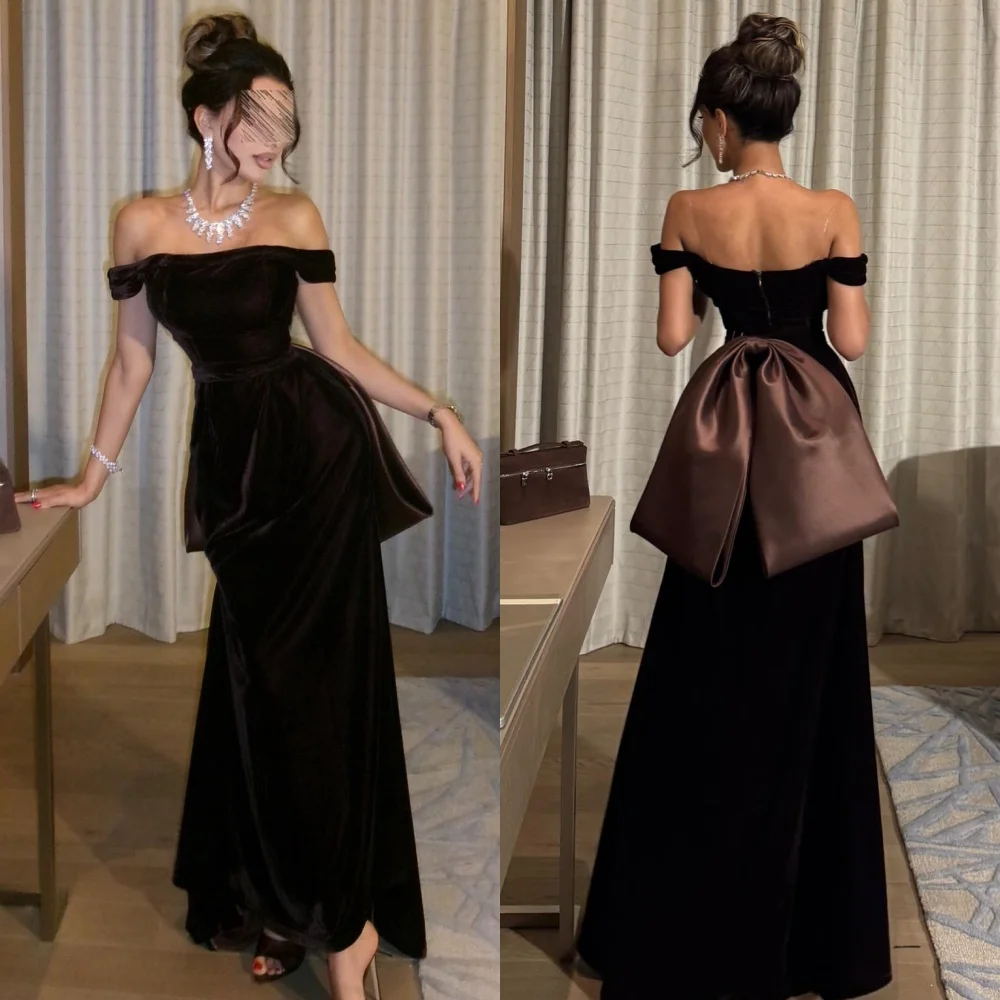 Customized Elegant Fashion Velour Bow Pleat Straight Off-the-shoulder Long Dresses Bespoke Occasion Dresses High Quality Classic