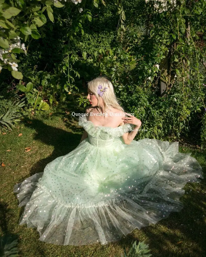 Qunque Fairy Mint Green Tulle abiti da ballo Off The Shoulder a-line abito da festa di nozze lunghezza del pavimento abiti da laurea De Cocktail