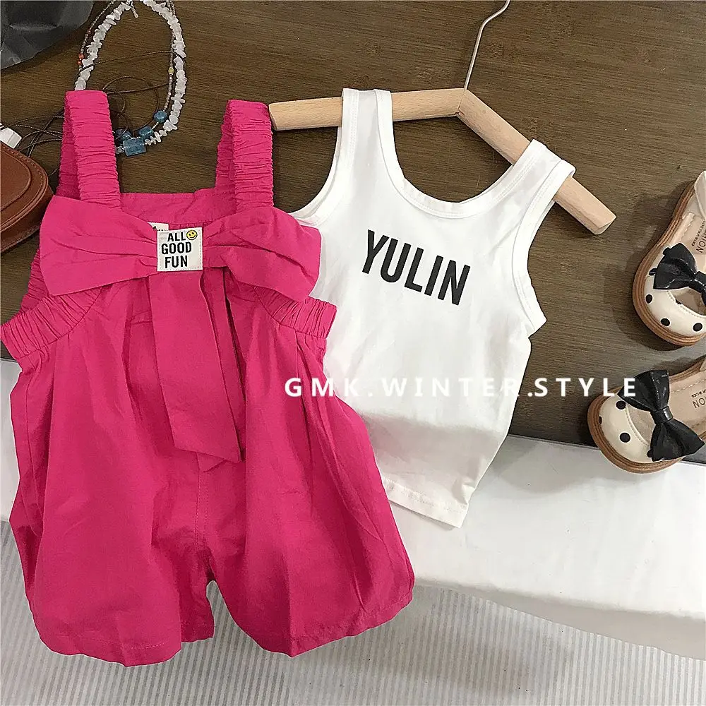 Girls' Clothing Set 2024 Summer New Children's and Baby Fashionable Letter Tank Top T-shirt Backband Pants Two Piece Set