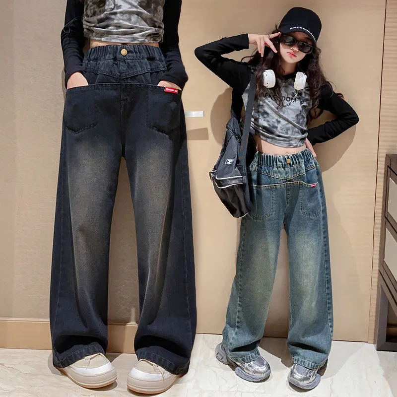 Wide Leg Jeans for Girls Spring New Teenage Kids Straight Denim Pants With Buttons Loose Fashion Children's Causal Trousers 4-15