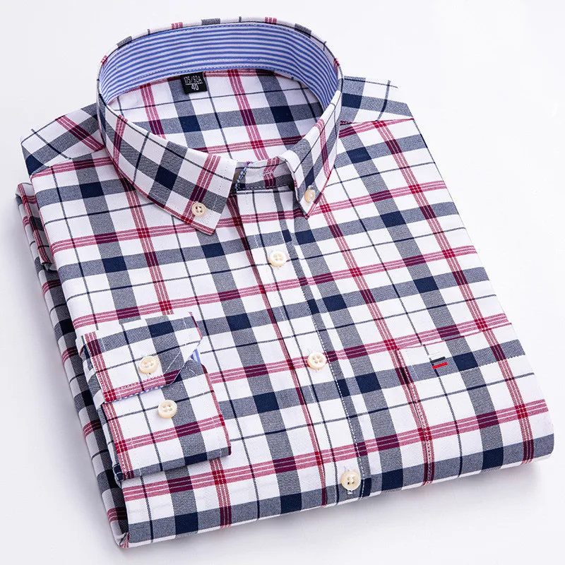 Men Shirt Long Sleeve Casual Cotton Business Plaid Striped Shirt Regular Fit Solid Color 6XL 7XL Oxford Casual Shirts for Men