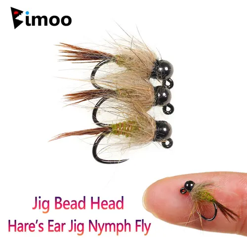 Bimoo 6 piezas # 14 cabeza de cuentas de tungsteno oreja de liebre Jig Ninfa mosca sin púas fregadero rápido húmedo Euro Ninfa mosca trucha Panfish Señuelos de pesca