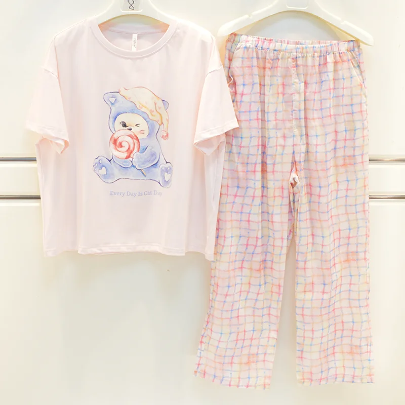 nicoya-summer-sleepwear-women's-pure-cotton-knitted-cartoon-korean-style-short-sleeve-long-pants-home-clothes-set-youth-casual