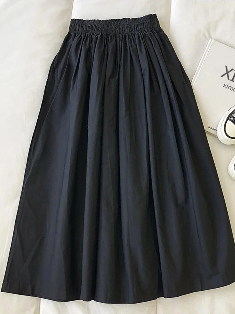 2025 New Casual Elegant High Waist A Line Skirts Women Solid Color Long Skirt Fashion Pockets Pleated Knee Length Skirts Autumn