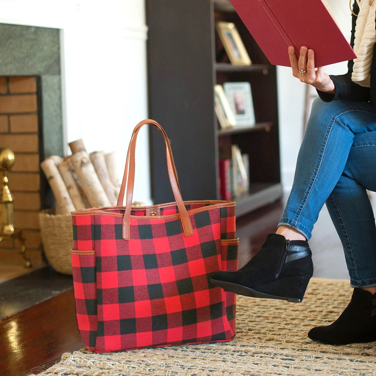 Women Buffalo Plaid Check Tote Set With Matching Wristlet Clutch Canvas Leather PU Top Handle Handbag Makeup Cosmetic Bag