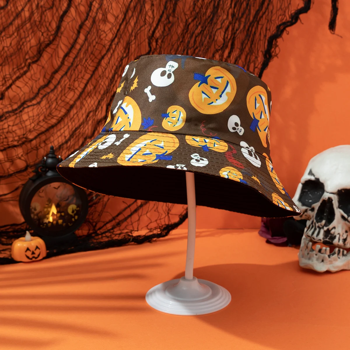 European and American fashionable pumpkin skull ghost double-sided fisherman hat Halloween atmosphere basin hat