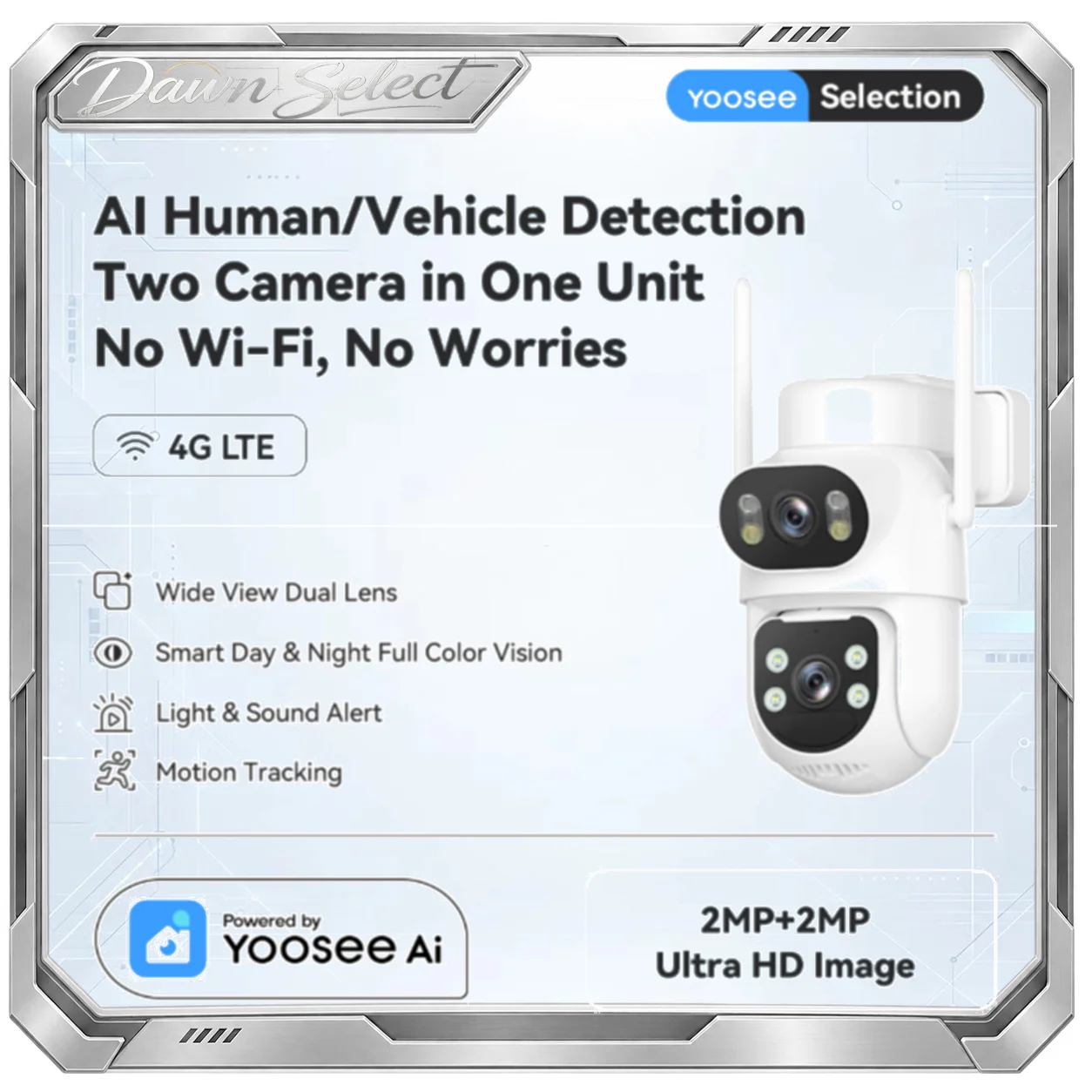 Yoosee 4G LTE AOV Battery Outdoor PTZ Camera, Dual-Lens Dual-Screen 2MP+2MP Ultra HD Full-Color Night Vision 360° Panoramic View