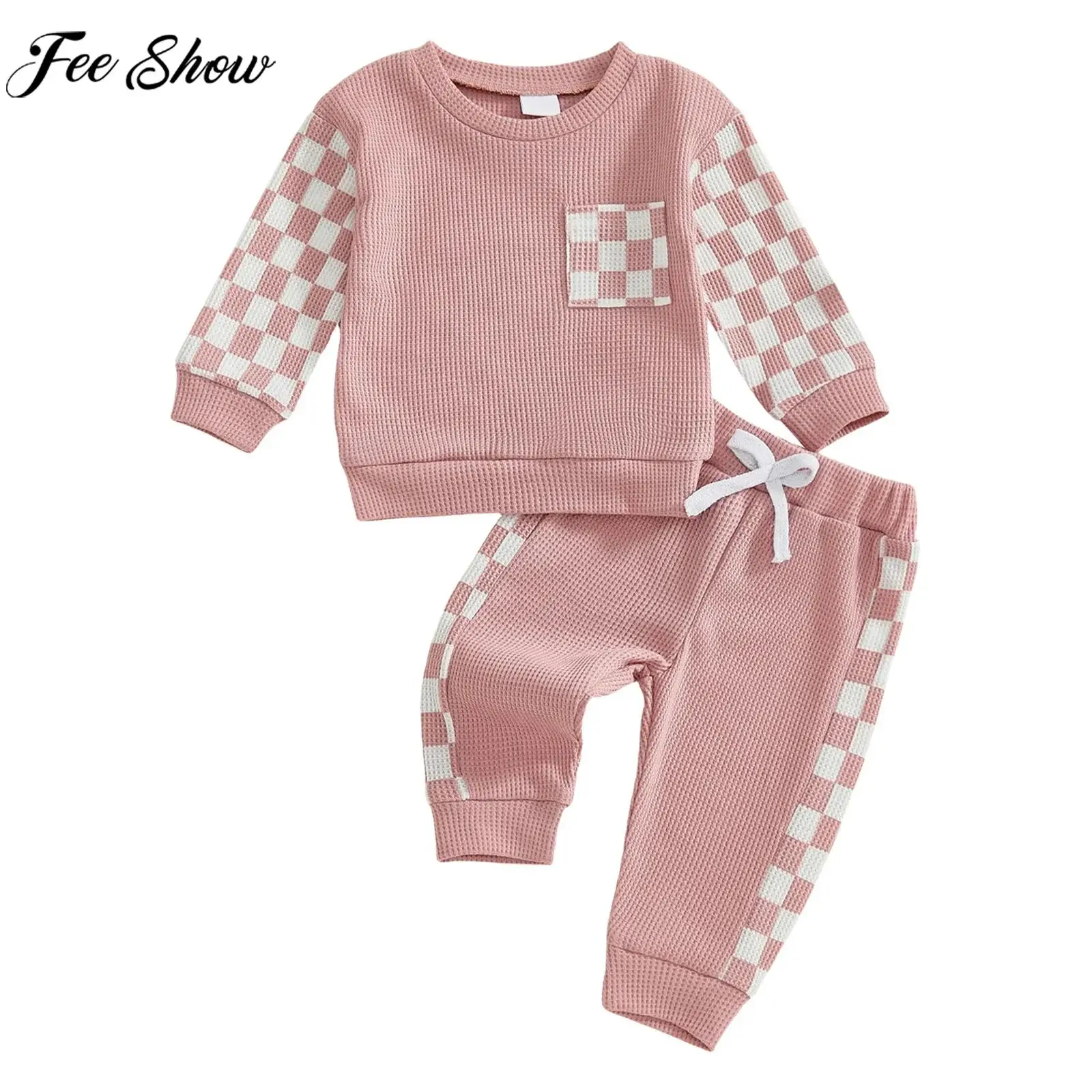 

Baby Boys Girls Waffle Sweatsuit Spring Autumn Casual Sports Set Long Sleeve Sweatshirt Top with Sweatpants Daily Wear Homewear