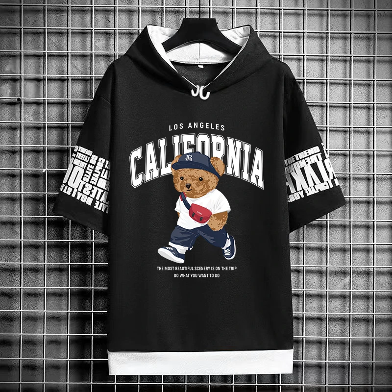 Summer Men\'s T-Shirts Japan Harajuku Fashion Streetwear Short Sleeve Hooded Tops Tees Casual Men Clothing Printed T Shirts Men