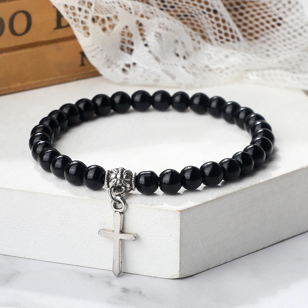 New Cross Pendant Bracelets Men Natural Stone 6mm Matte Black Yoga Strand Chain Vintage Bohemian Jewelry For Women Fashion Gifts