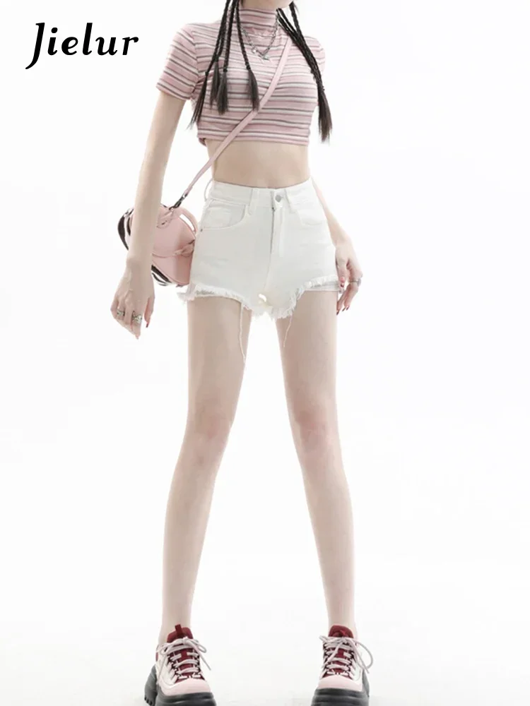 Jielur branco magro sexy jeans feminino franja desgastado rasgado cor sólida verão chique shorts botão de bolso moda feminina simples jeans
