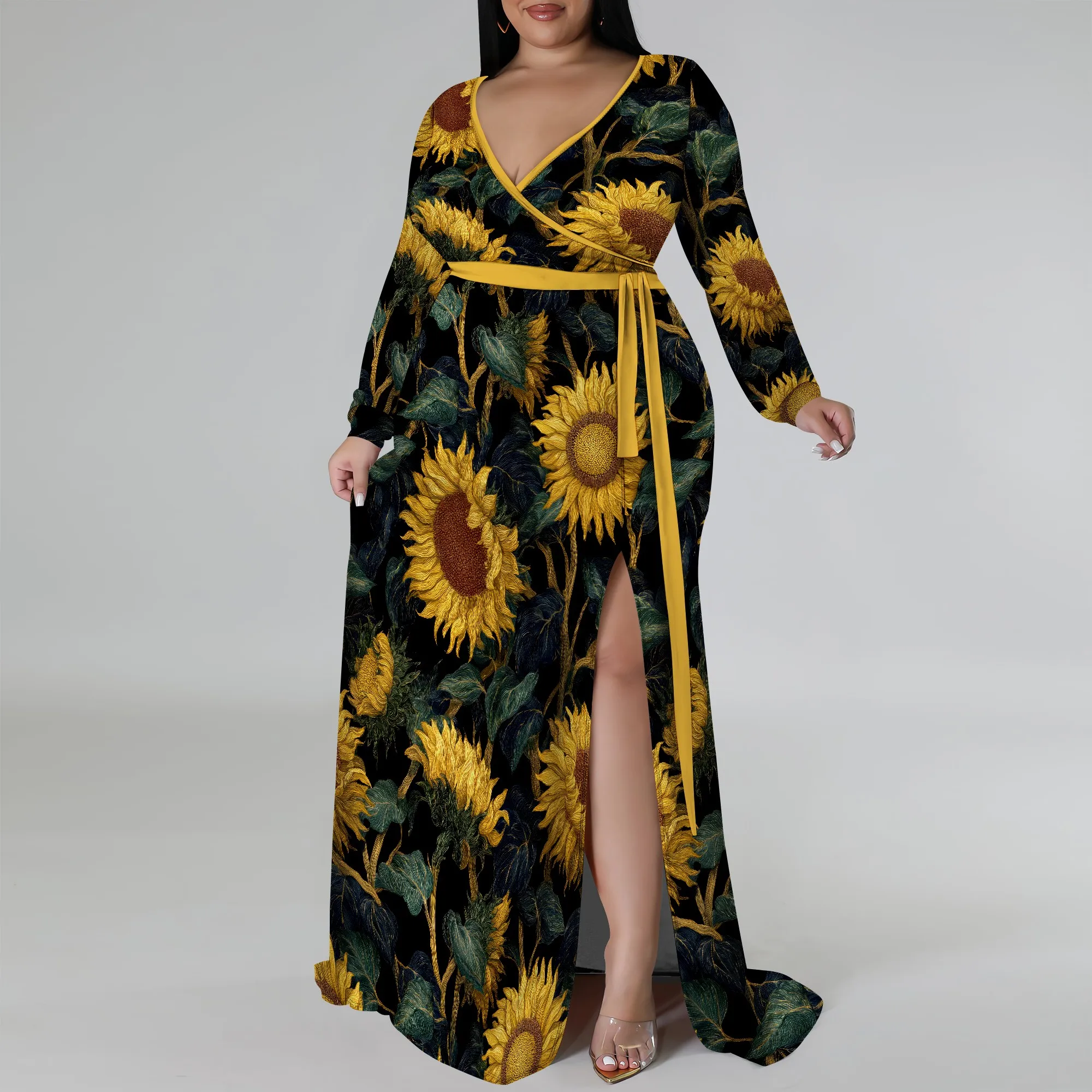 

Nupusa Black Sunflower Print Dress for Women Plus Size Casual V Neck Long Sleeve Belted Split Maxi Dress