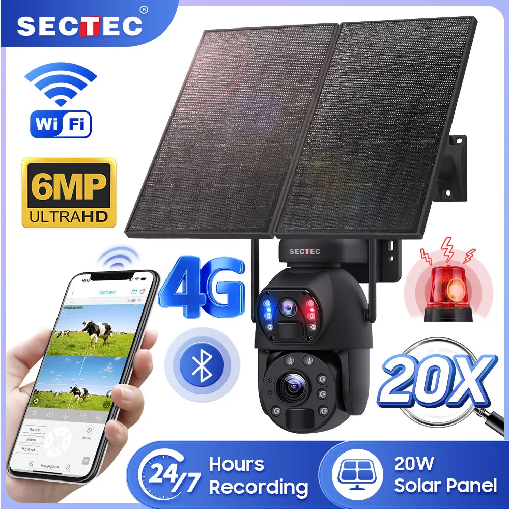 SECTEC 6MP Big 20X Zoom Lens Dual View Solar Battery PTZ Camera Outdoor Wifi Solar CCTV Solaire Surveillance Camera Night Vision