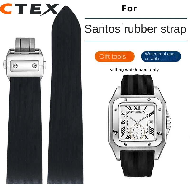25mm Rubber silicone watch with soft waterproof and sweat proof for cartier Santos 100 W2020007 men\'s black