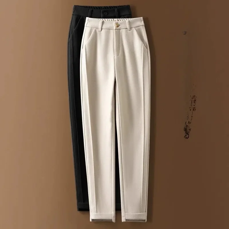 

Woolen Herringbone Harem Pencil Elastic High Waist Fashion Women's Pants Casual Office Lady Trousers Suit Pants For Women L91