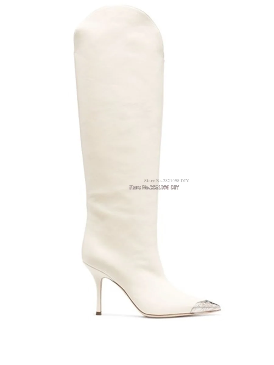 

White Leather V Design Boots Metal Toe High Stiletto Heel Pointed Toe Women's Knee High Boots Gladiator Heels Long Boot