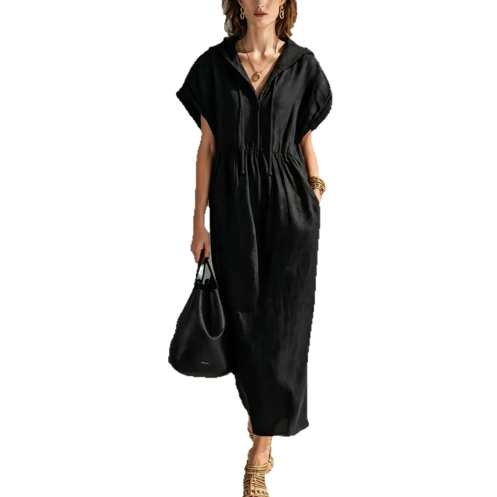 Women's Summer Boho Linen Cotton Linen Dress with Batwing Sleeve Loose Fit Hooded Long Pleated Ruffle Short Sleeve Mid Waist