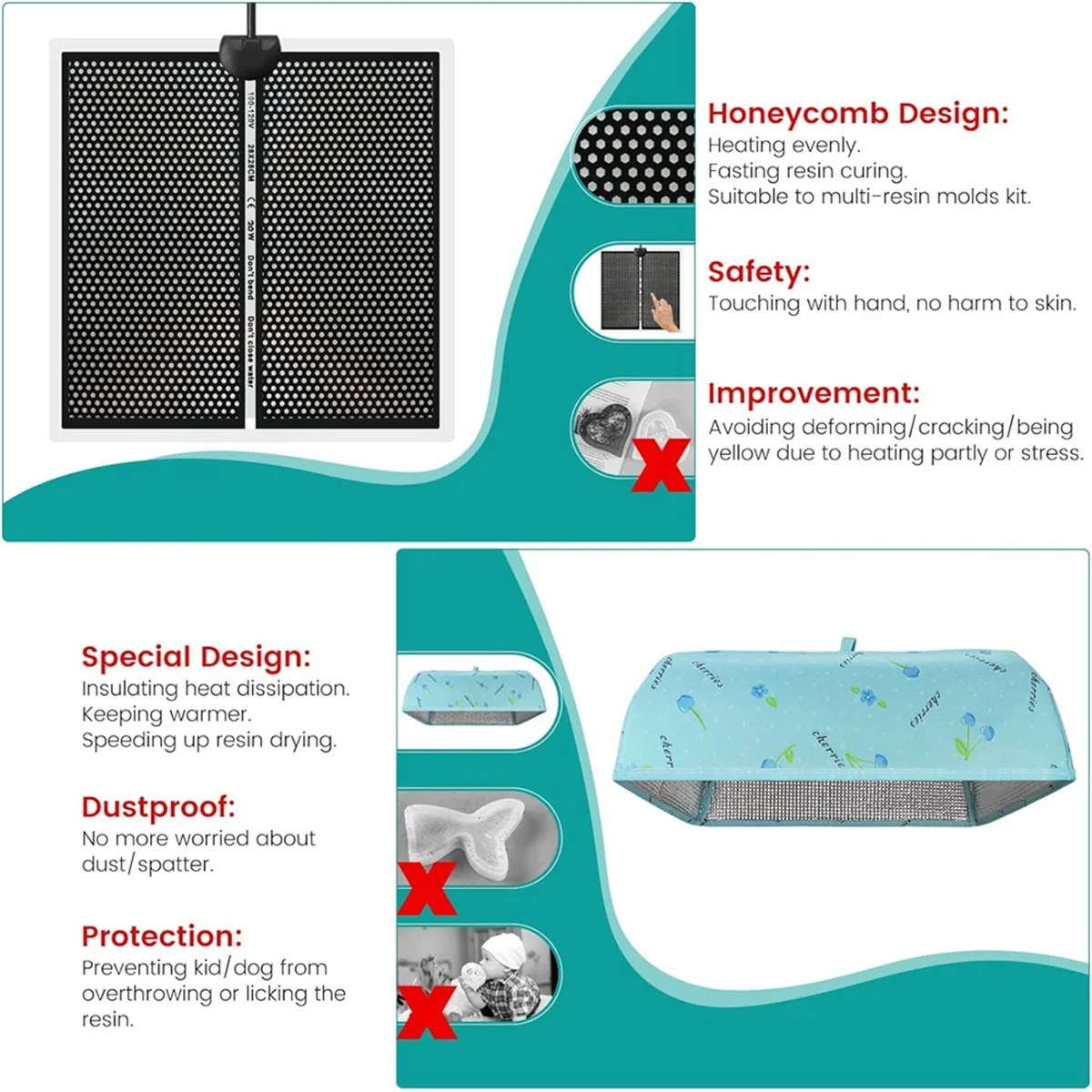 Bantalan pemanas Resin epoksi dengan tutup, bantalan pemanas cetakan Resin, mesin pemanas pengering cepat colokan US