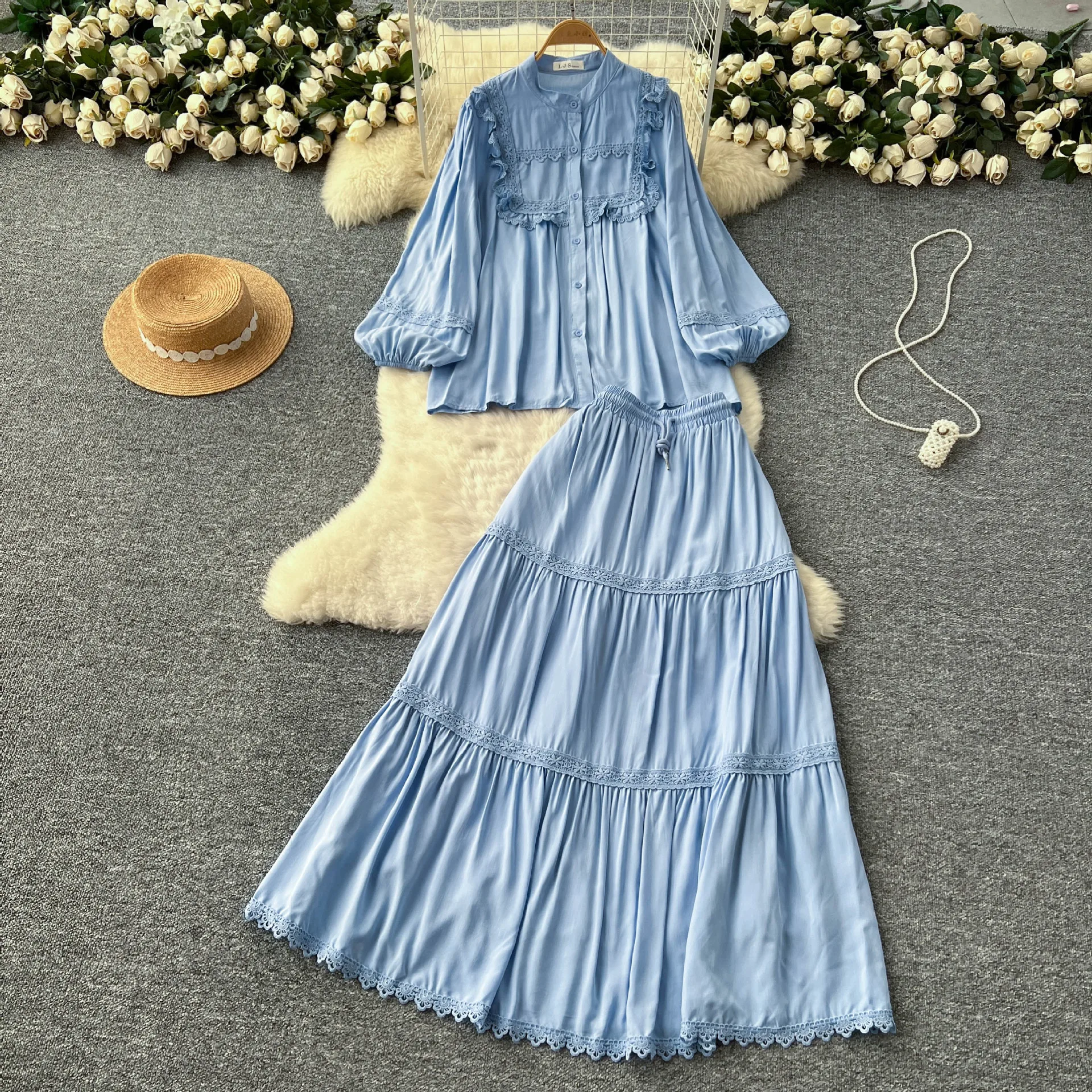 

Юбка, костюм, женские кружевные комплекты из 2 предметов, верхние рубашки, длинные юбки, однобортный комплект с рукавами-фонариками, осень 2024, винтаж