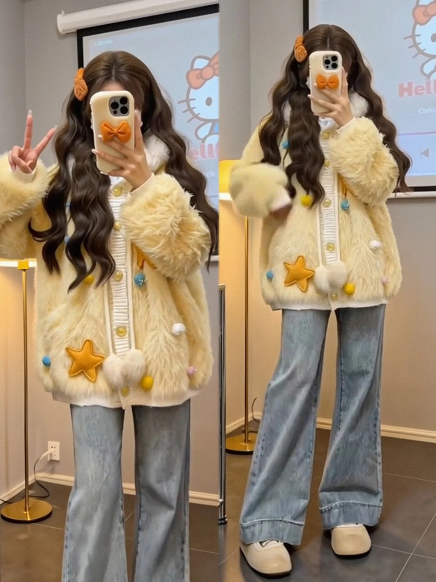 Conjunto de moda para mujer de talla grande: Chaqueta amarilla peluda y vaqueros con forro polar, pantalones casuales de cintura alta y abrigo con botones.