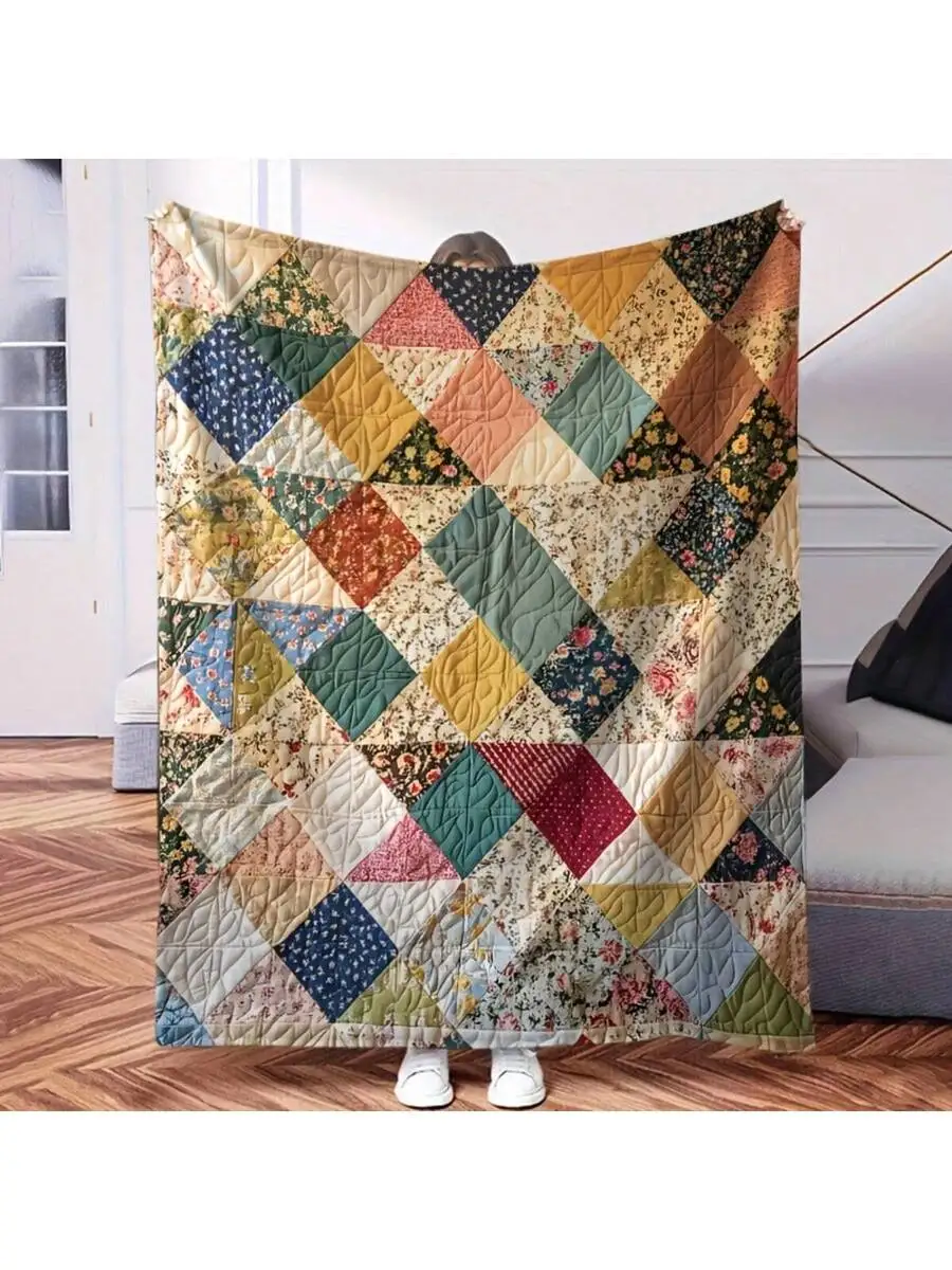 Vintage Patchwork Flannel Blanket, 280gsm All Season Machine Washable Throw for Nap Travel Camping, Multi Occasion Gift
