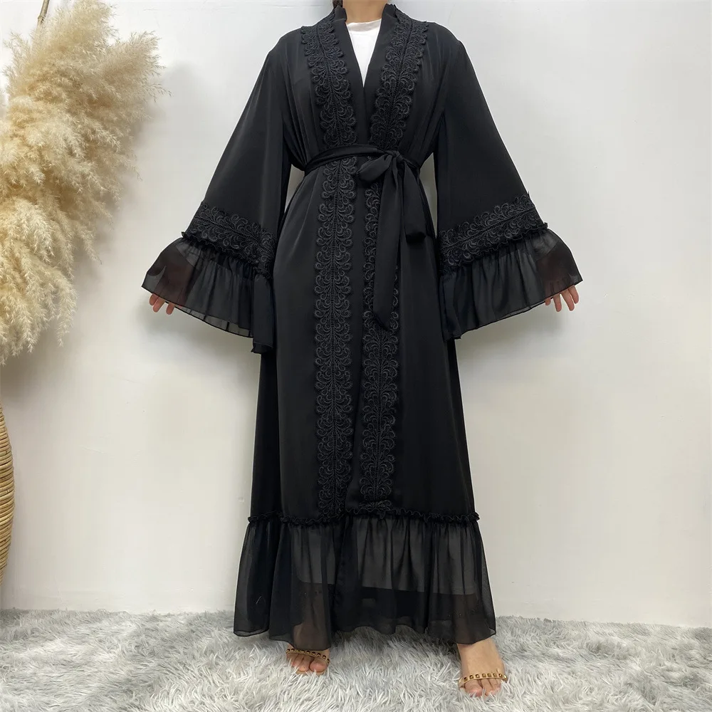 Fashion Lace Stitching Muslim Abaya Dubai Full Length Flare Sleeve Lace Abaya Dubai Turkey Muslim Islam Robe With Belt WY1391