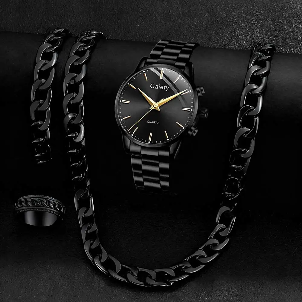 

4 шт., черные мужские часы, деловые модные линии, весы, круглый циферблат, кварцевые часы, браслет, ожерелье, набор колец, идеальный подарок