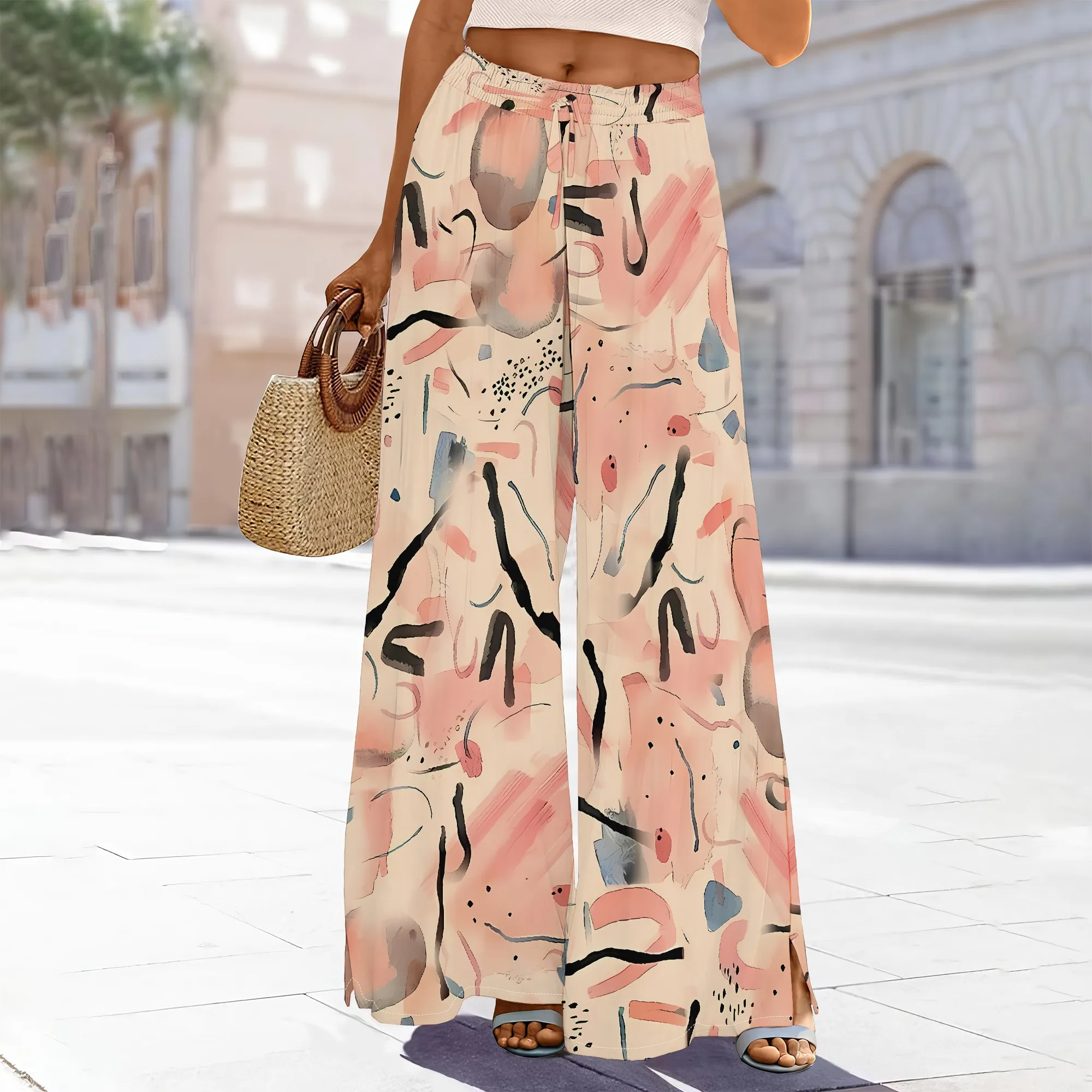 

Women's High-Waisted Red Floral Print Wide-Leg Pants Elastic Waist Pockets Slit Polyester Evening Luxe