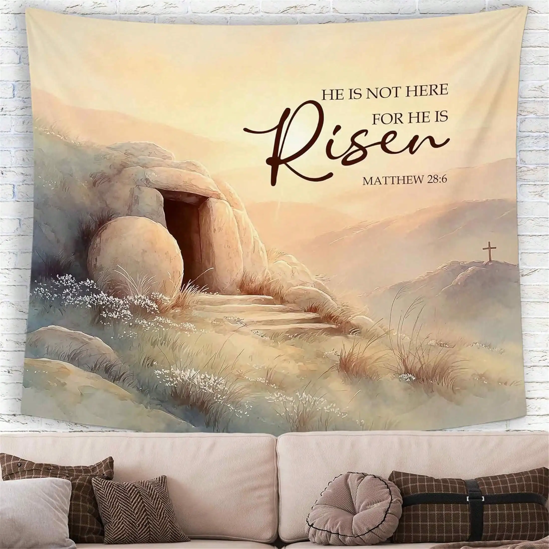 He Is Risen Tapestry - Easter Christian Wall Hanging, Empty Tomb & Cross Art, Bible Verse Decor, Multiple Sizes
